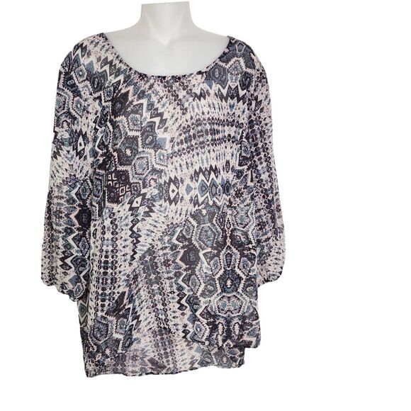 Maurice's Womens Tunic Top Size XL Criss Cross Back Sheer Geometric Hi low Hem - Picture 1 of 10